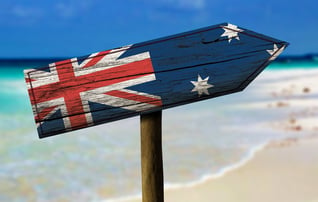 Australia flag wooden sign with a beach on background - Oceania