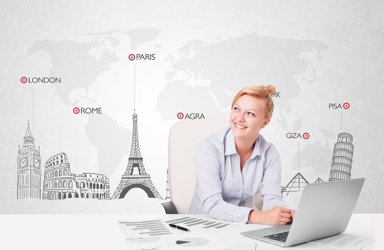 Beautiful young businesswoman with world map and major landmarks of the world.jpeg
