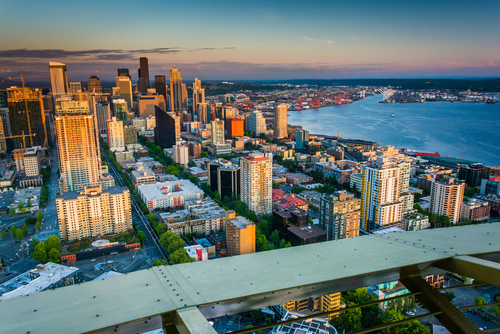 Evening view of the downtown Seattle skyline, in Seattle, Washington.