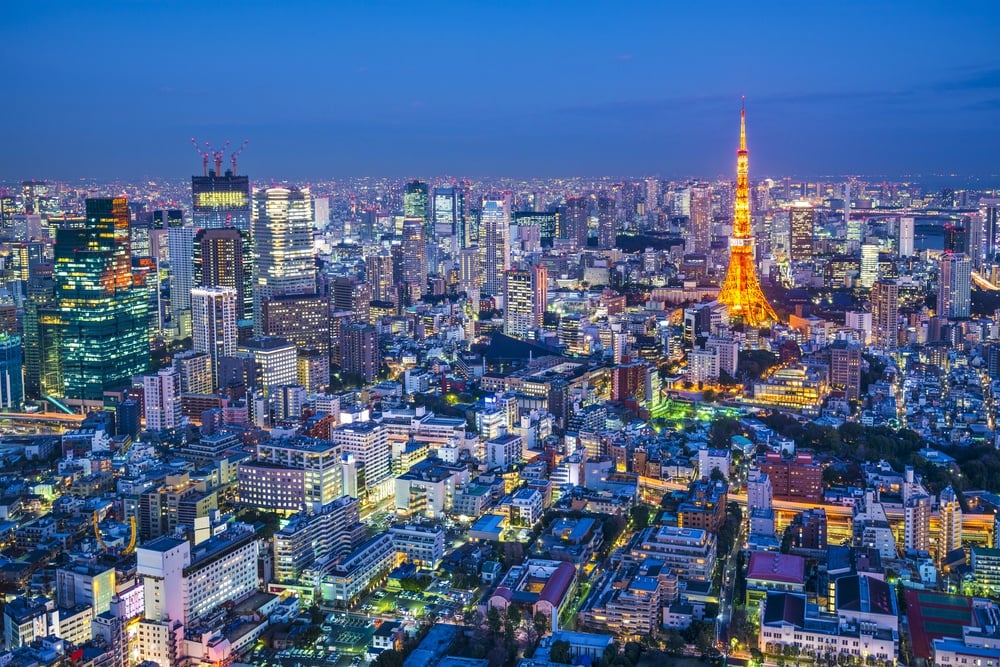 Tokyo, Japan aerial cityscape view of Tokyo Tower at dusk.